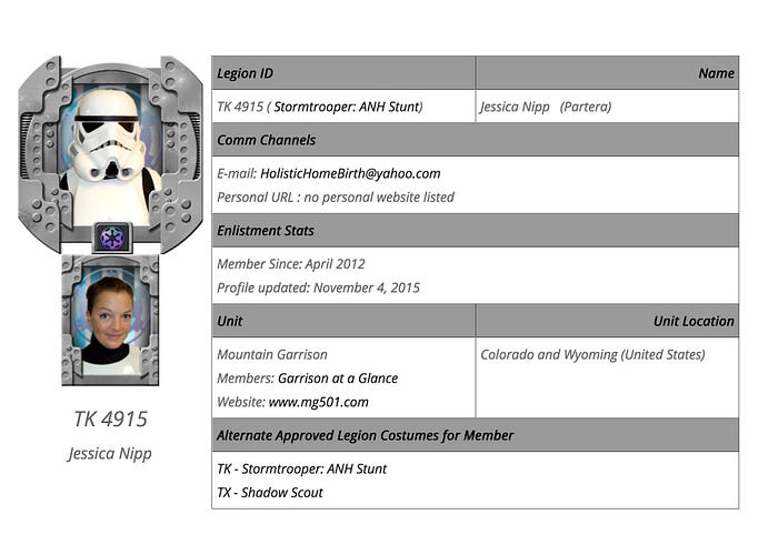A 501st Legion profile identifying Ron’s family midwife as a Stormtrooper performer
